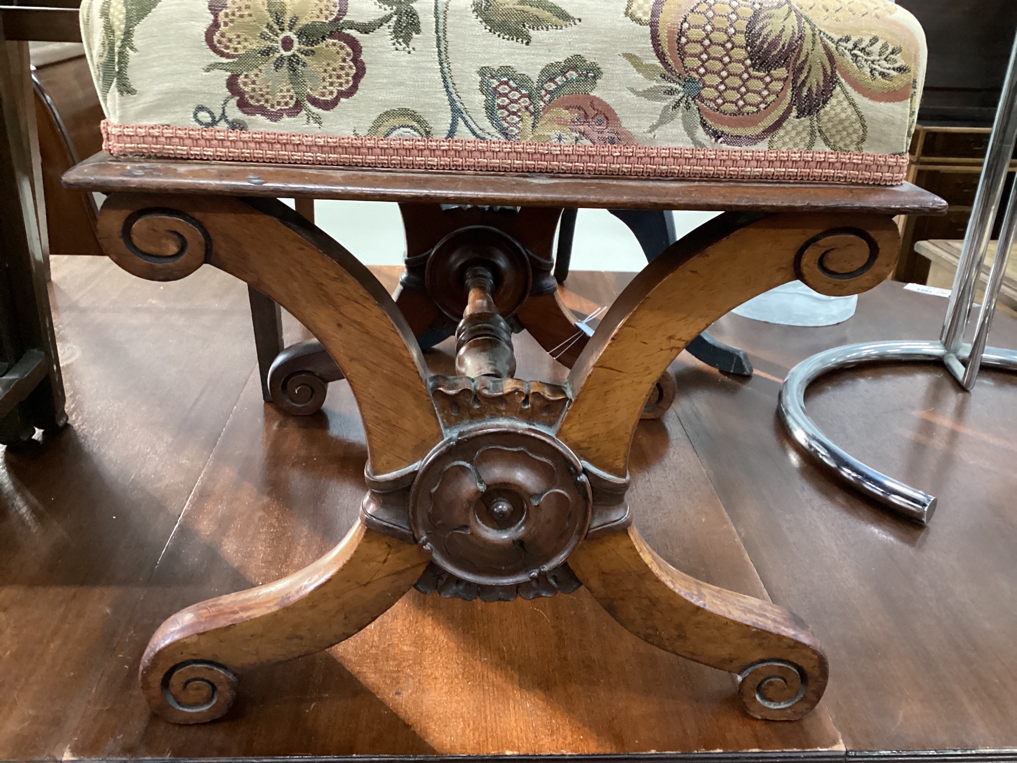 A Victorian rosewood X framed dressing stool, width 53cm, depth 44cm, height 46cm